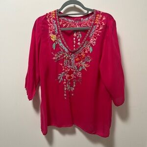 Johnny Was Vibrant Red Embroidered Blouse